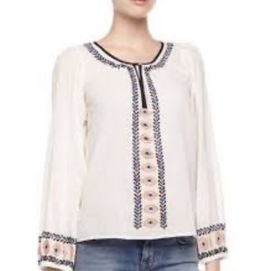 Anthro Christophe Sauvat Evil Eye Embroidered Peasant Top Tassels Boho Blue Sz A